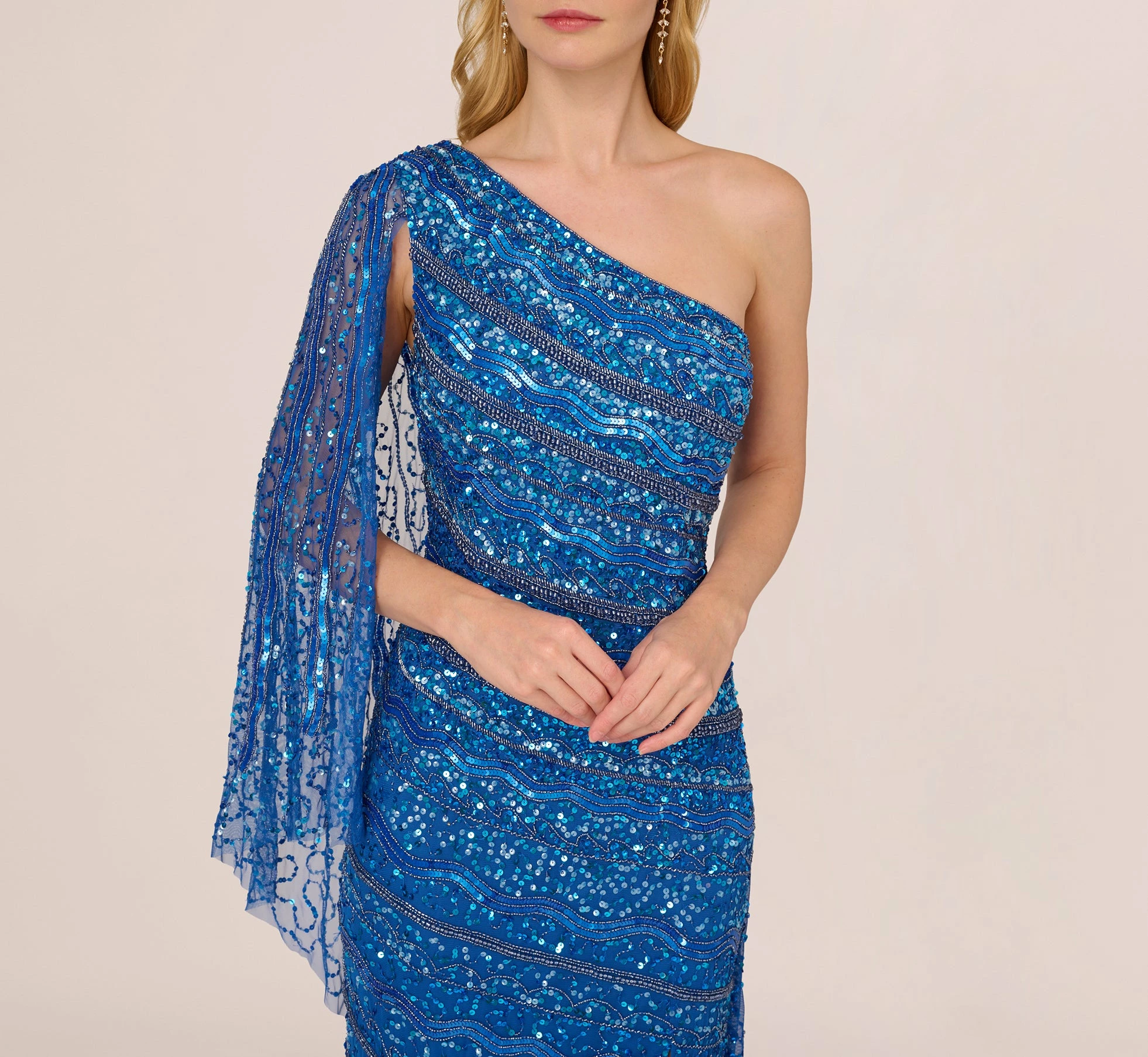 Adrianna Papell One Shoulder Beaded Column Gown With Draped Sleeve In Blue Horizon 5 Adrianna Papell One Shoulder Beaded Column Gown With Draped Sleeve In Blue Horizon - Image 5