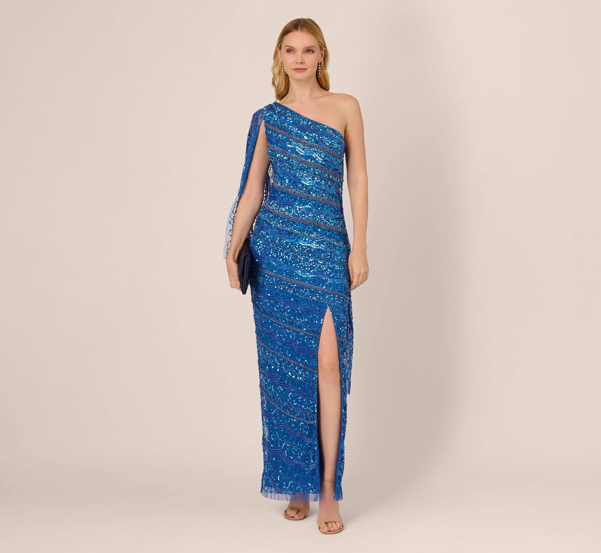 Adrianna Papell One Shoulder Beaded Column Gown With Draped Sleeve In Blue Horizon 2 Adrianna Papell One Shoulder Beaded Column Gown With Draped Sleeve In Blue Horizon - Image 2