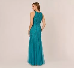 Adrianna Papell Beaded Halter Gown With Godet Skirt In Teal -Adrianna Papell Shop AP1E210908 AD473 Regular Back