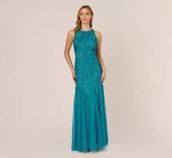 Adrianna Papell Beaded Halter Gown With Godet Skirt In Teal