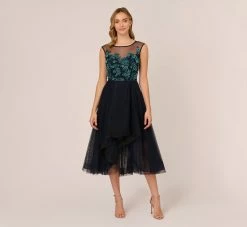 Adrianna Papell Beaded Midi Dress With Tulle Skirt In Midnight Multi