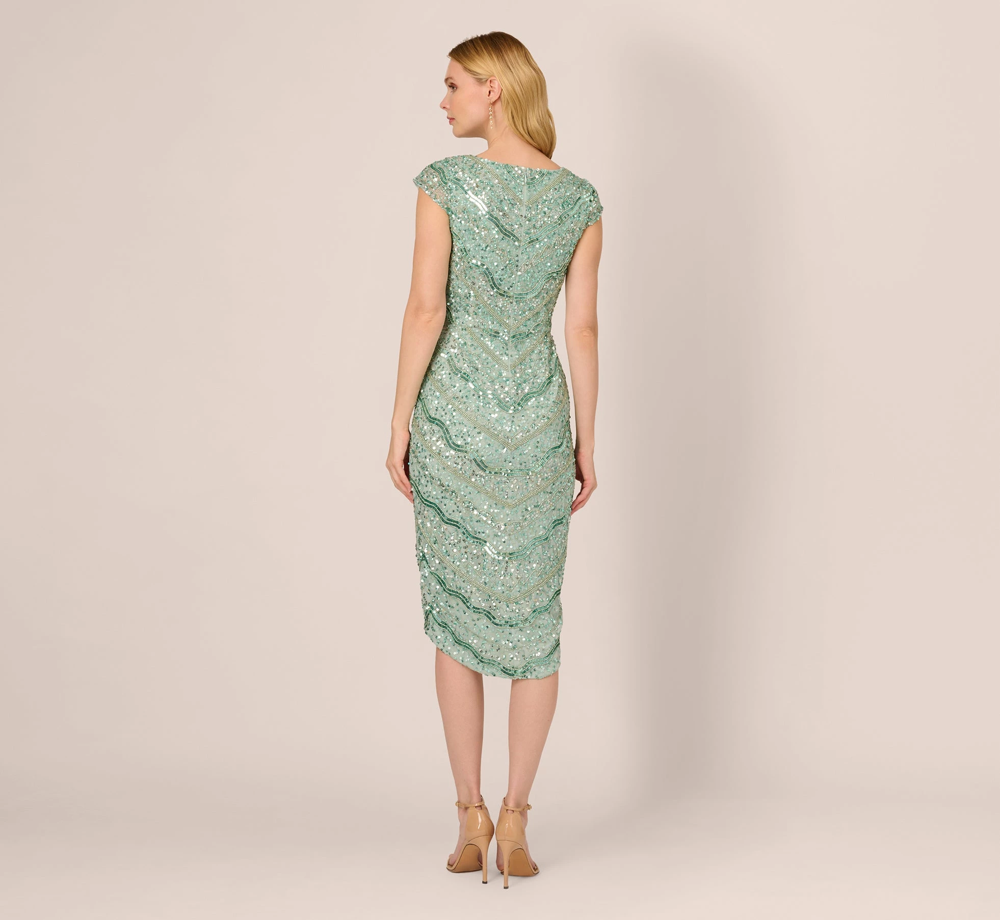 Adrianna Papell Beaded Faux Wrap Dress With Sheer Cap Sleeves In Icy Sage 4 Adrianna Papell Beaded Faux Wrap Dress With Sheer Cap Sleeves In Icy Sage - Image 4