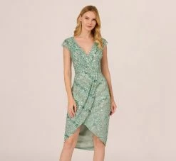 Adrianna Papell Beaded Faux Wrap Dress With Sheer Cap Sleeves In Icy Sage
