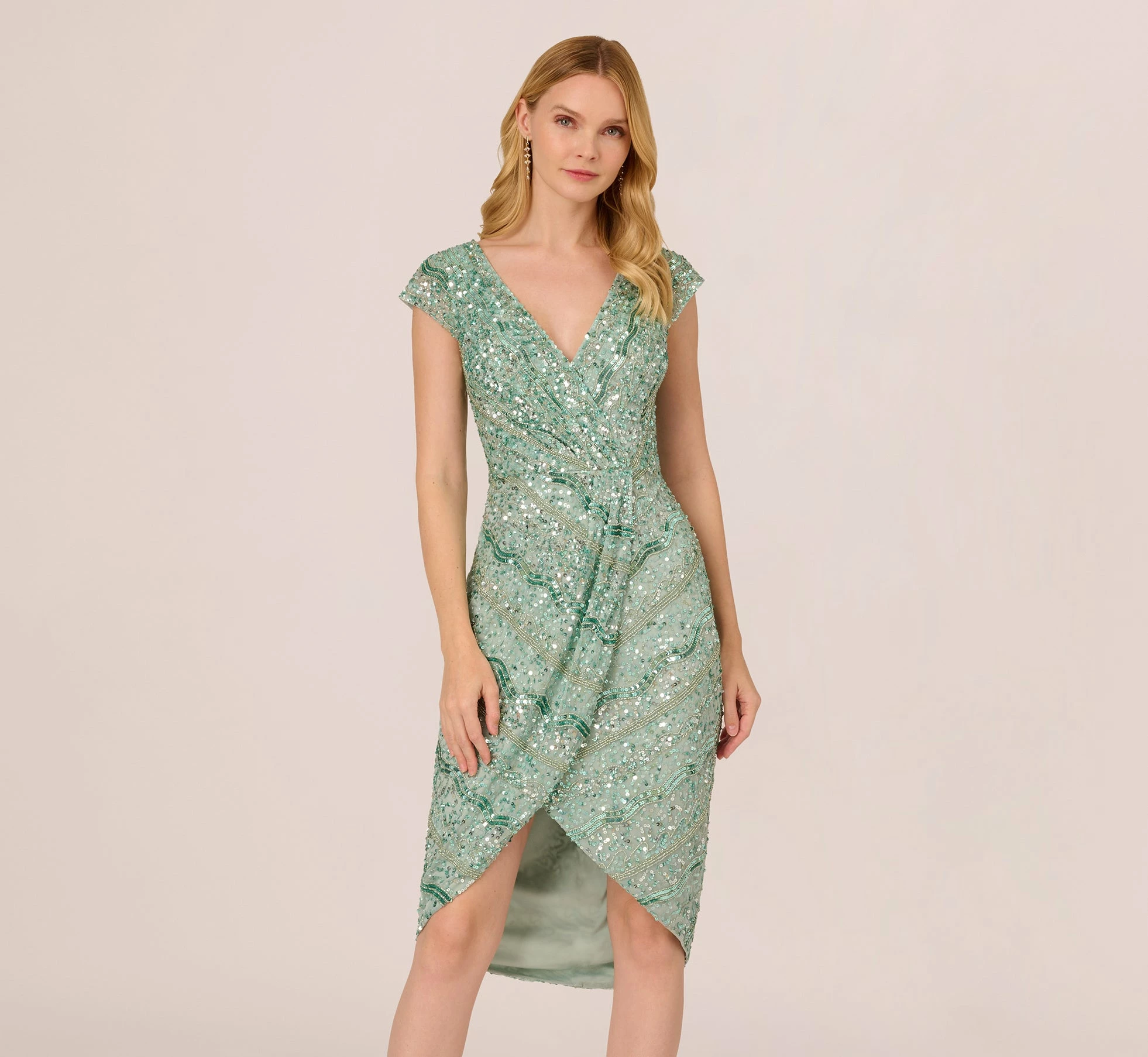 Adrianna Papell Beaded Faux Wrap Dress With Sheer Cap Sleeves In Icy Sage 1 Adrianna Papell Beaded Faux Wrap Dress With Sheer Cap Sleeves In Icy Sage
