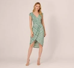 Adrianna Papell Beaded Faux Wrap Dress With Sheer Cap Sleeves In Icy Sage 12 Adrianna Papell Beaded Faux Wrap Dress With Sheer Cap Sleeves In Icy Sage -Adrianna Papell Shop AP1E210922 AB334 Regular Front