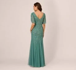 Adrianna Papell Beaded Mermaid Gown With Sheer Petal Sleeves In Green Slate -Adrianna Papell Shop AP1E210923 AA355 Regular Back