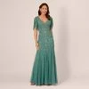 Adrianna Papell Beaded Mermaid Gown With Sheer Petal Sleeves In Green Slate