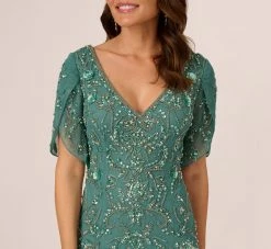Adrianna Papell Beaded Mermaid Gown With Sheer Petal Sleeves In Green Slate -Adrianna Papell Shop AP1E210923 AA355 Regular Detail