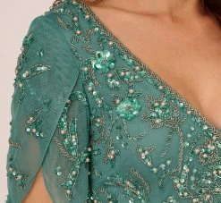 Adrianna Papell Beaded Mermaid Gown With Sheer Petal Sleeves In Green Slate -Adrianna Papell Shop AP1E210923 AA355 Regular Lifestyle