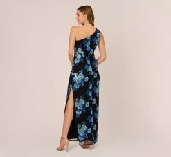 Adrianna Papell Floral Sequin One Shoulder Column Gown In Black Blue Multi 9 Adrianna Papell Floral Sequin One Shoulder Column Gown In Black Blue Multi -Adrianna Papell Shop AP1E210946 AP986 Regular Back