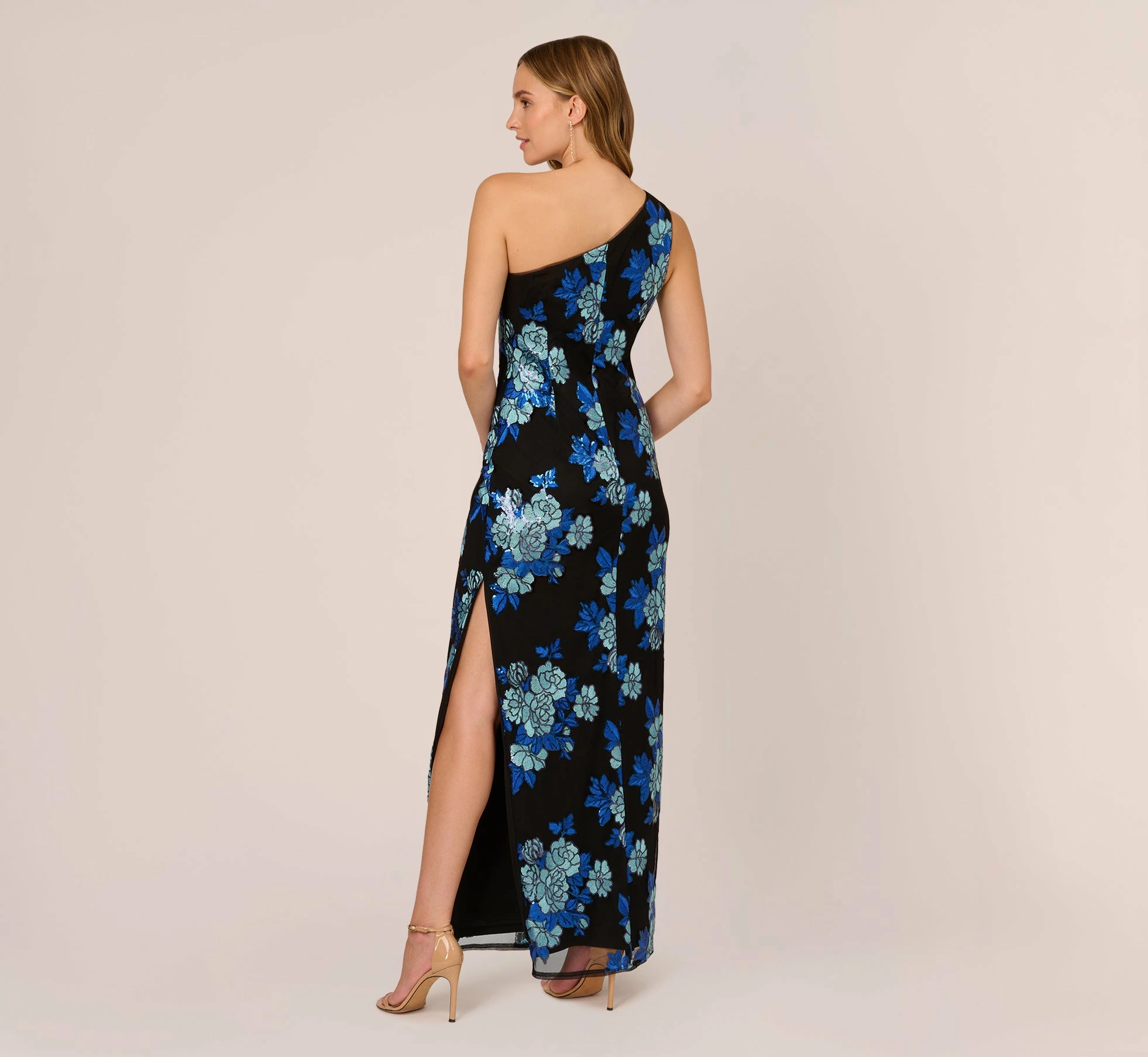 Adrianna Papell Floral Sequin One Shoulder Column Gown In Black Blue Multi 4 Adrianna Papell Floral Sequin One Shoulder Column Gown In Black Blue Multi - Image 4
