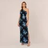 Adrianna Papell Floral Sequin One Shoulder Column Gown In Black Blue Multi