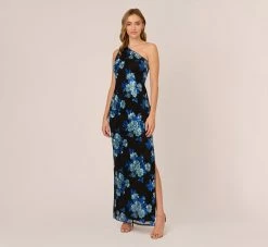 Adrianna Papell Floral Sequin One Shoulder Column Gown In Black Blue Multi