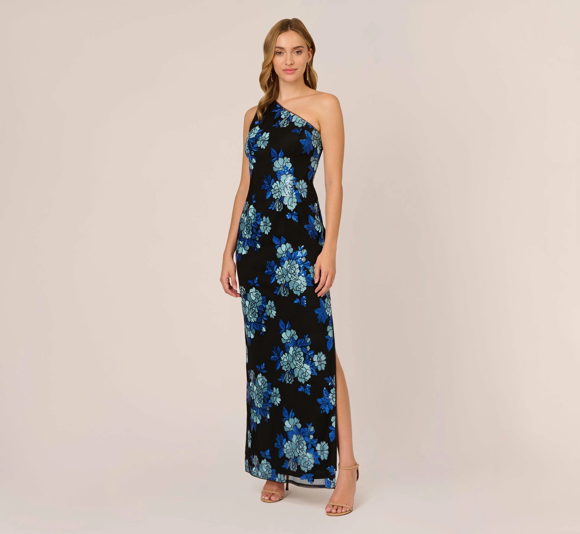 Adrianna Papell Floral Sequin One Shoulder Column Gown In Black Blue Multi 1 Adrianna Papell Floral Sequin One Shoulder Column Gown In Black Blue Multi