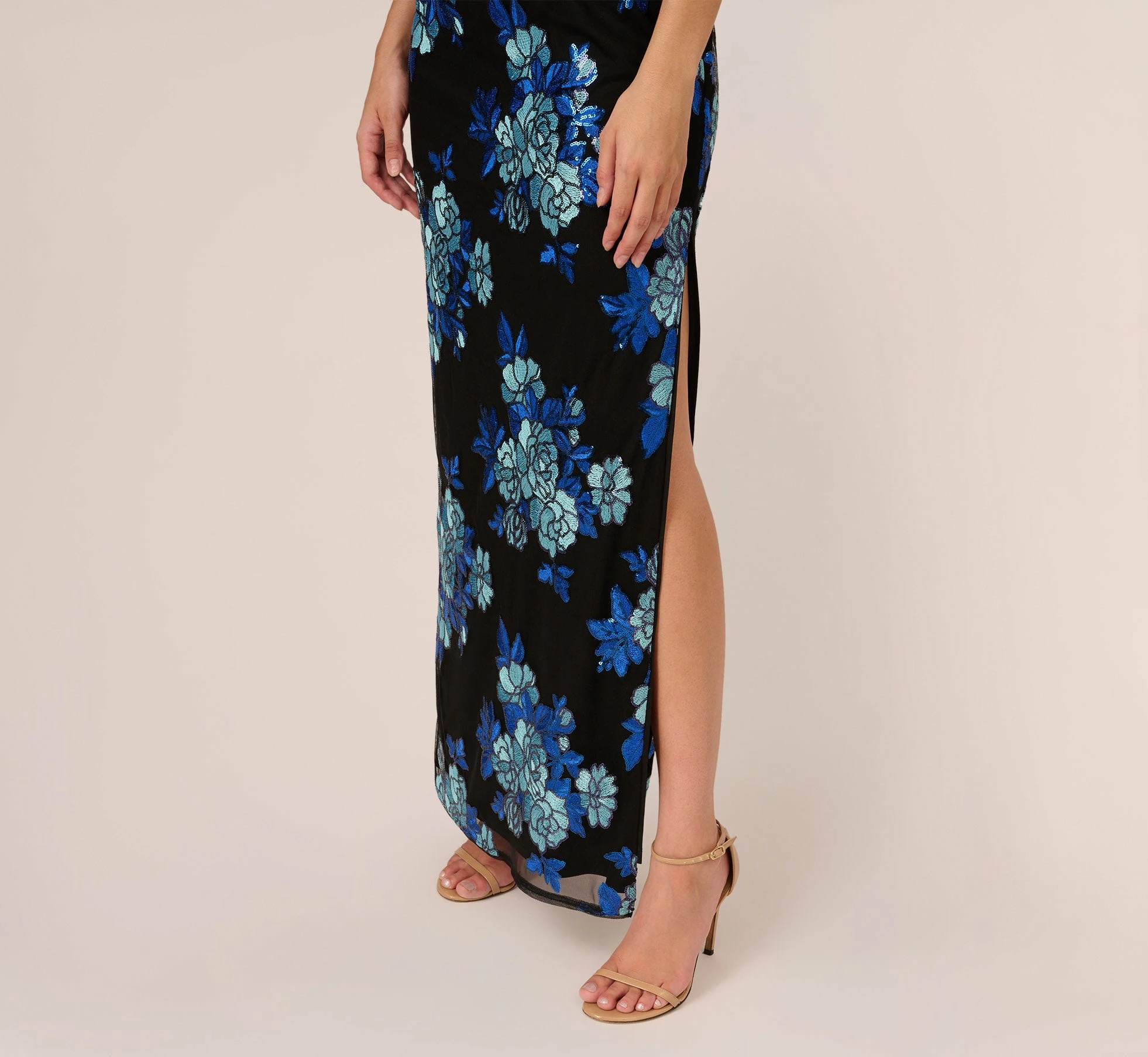 Adrianna Papell Floral Sequin One Shoulder Column Gown In Black Blue Multi 5 Adrianna Papell Floral Sequin One Shoulder Column Gown In Black Blue Multi - Image 5