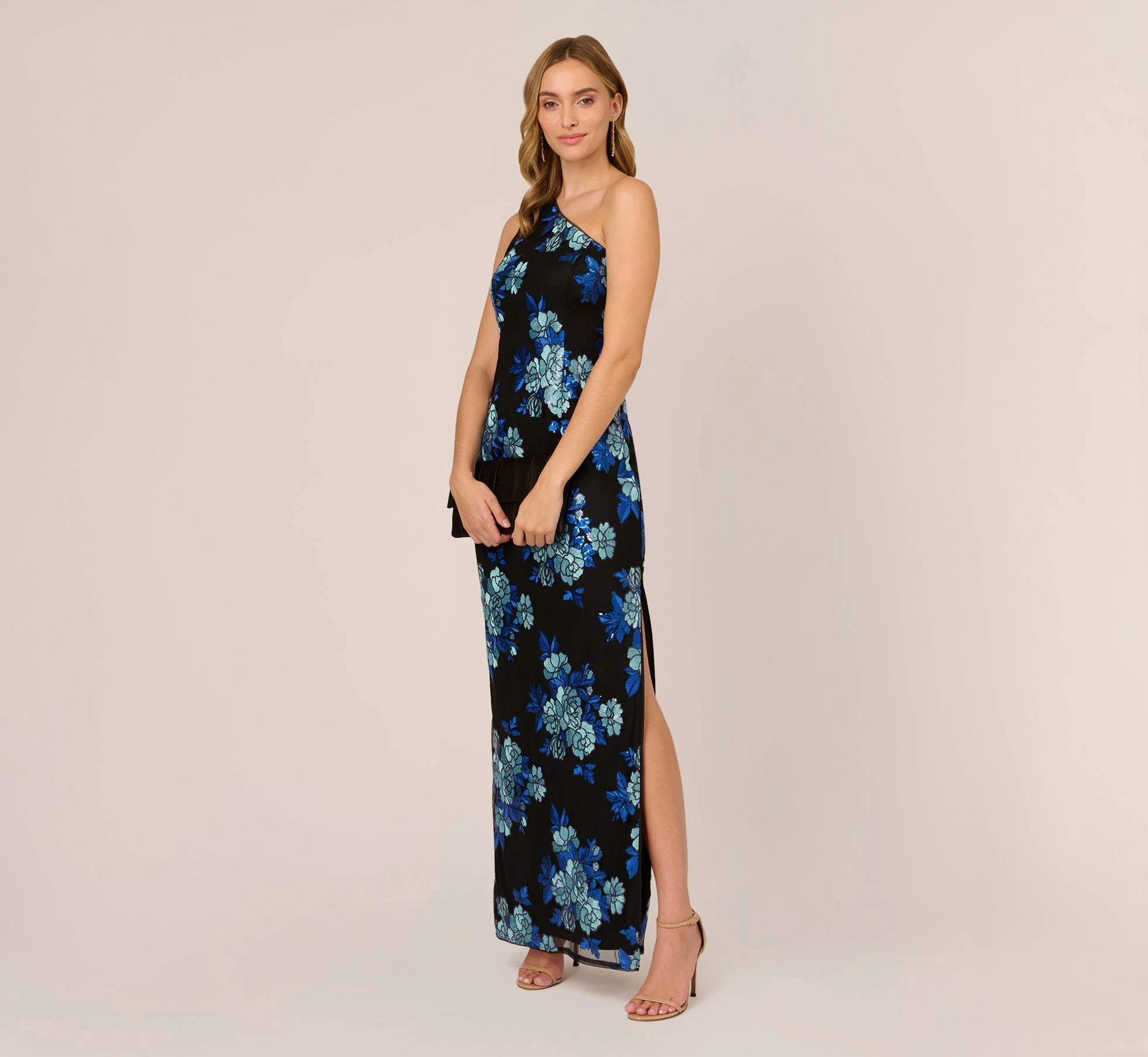 Adrianna Papell Floral Sequin One Shoulder Column Gown In Black Blue Multi 2 Adrianna Papell Floral Sequin One Shoulder Column Gown In Black Blue Multi - Image 2