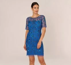 Adrianna Papell 3D Floral Beaded Dress With Sheer Short Sleeves In Blue Horizon