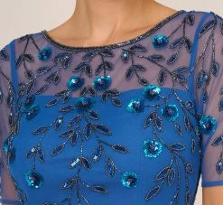 Adrianna Papell 3D Floral Beaded Dress With Sheer Short Sleeves In Blue Horizon -Adrianna Papell Shop AP1E210974 AD402 Regular Detail