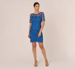 Adrianna Papell 3D Floral Beaded Dress With Sheer Short Sleeves In Blue Horizon -Adrianna Papell Shop AP1E210974 AD402 Regular Front