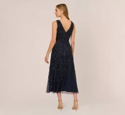Adrianna Papell Floral Beaded Ankle Length Sleeveless Gown In Navy 9 Adrianna Papell Floral Beaded Ankle Length Sleeveless Gown In Navy -Adrianna Papell Shop AP1E211056 AA412 Regular Back