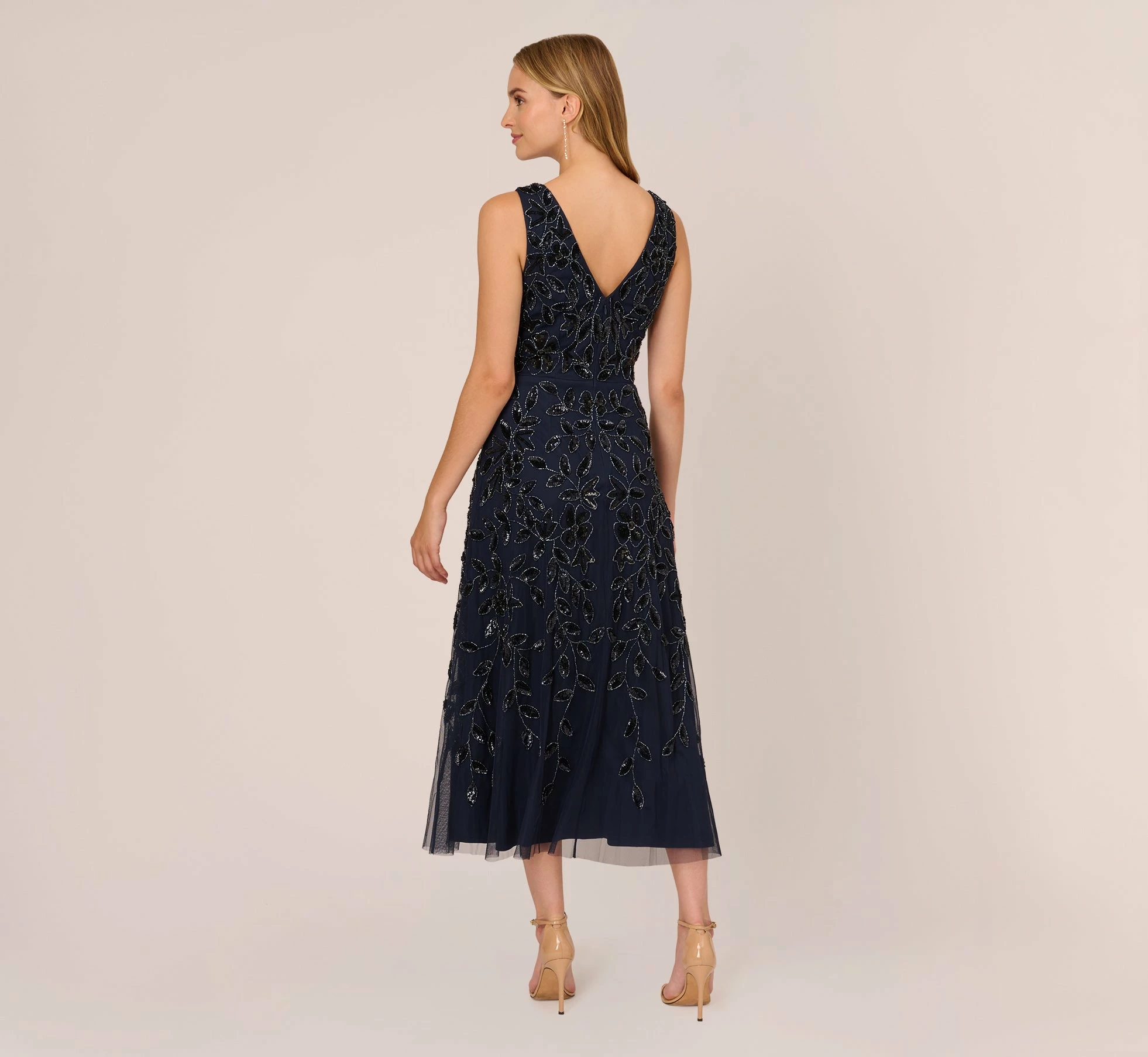 Adrianna Papell Floral Beaded Ankle Length Sleeveless Gown In Navy 4 Adrianna Papell Floral Beaded Ankle Length Sleeveless Gown In Navy - Image 4