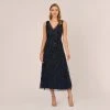 Adrianna Papell Floral Beaded Ankle Length Sleeveless Gown In Navy