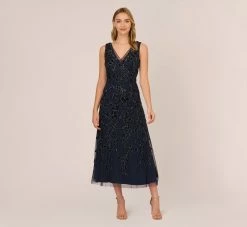 Adrianna Papell Floral Beaded Ankle Length Sleeveless Gown In Navy