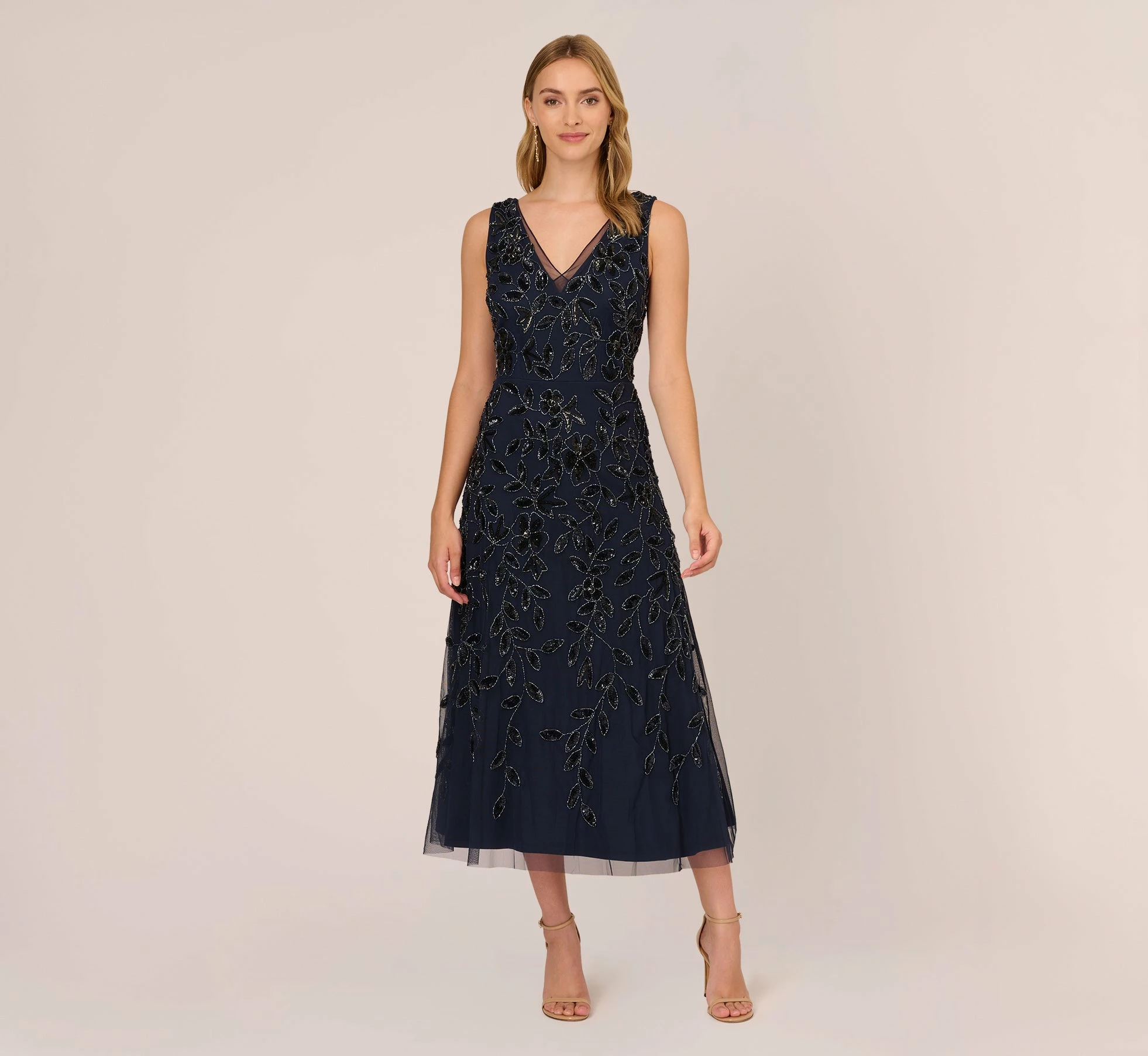 Adrianna Papell Floral Beaded Ankle Length Sleeveless Gown In Navy 1 Adrianna Papell Floral Beaded Ankle Length Sleeveless Gown In Navy