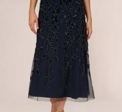 Adrianna Papell Floral Beaded Ankle Length Sleeveless Gown In Navy 10 Adrianna Papell Floral Beaded Ankle Length Sleeveless Gown In Navy -Adrianna Papell Shop AP1E211056 AA412 Regular Lifestyle
