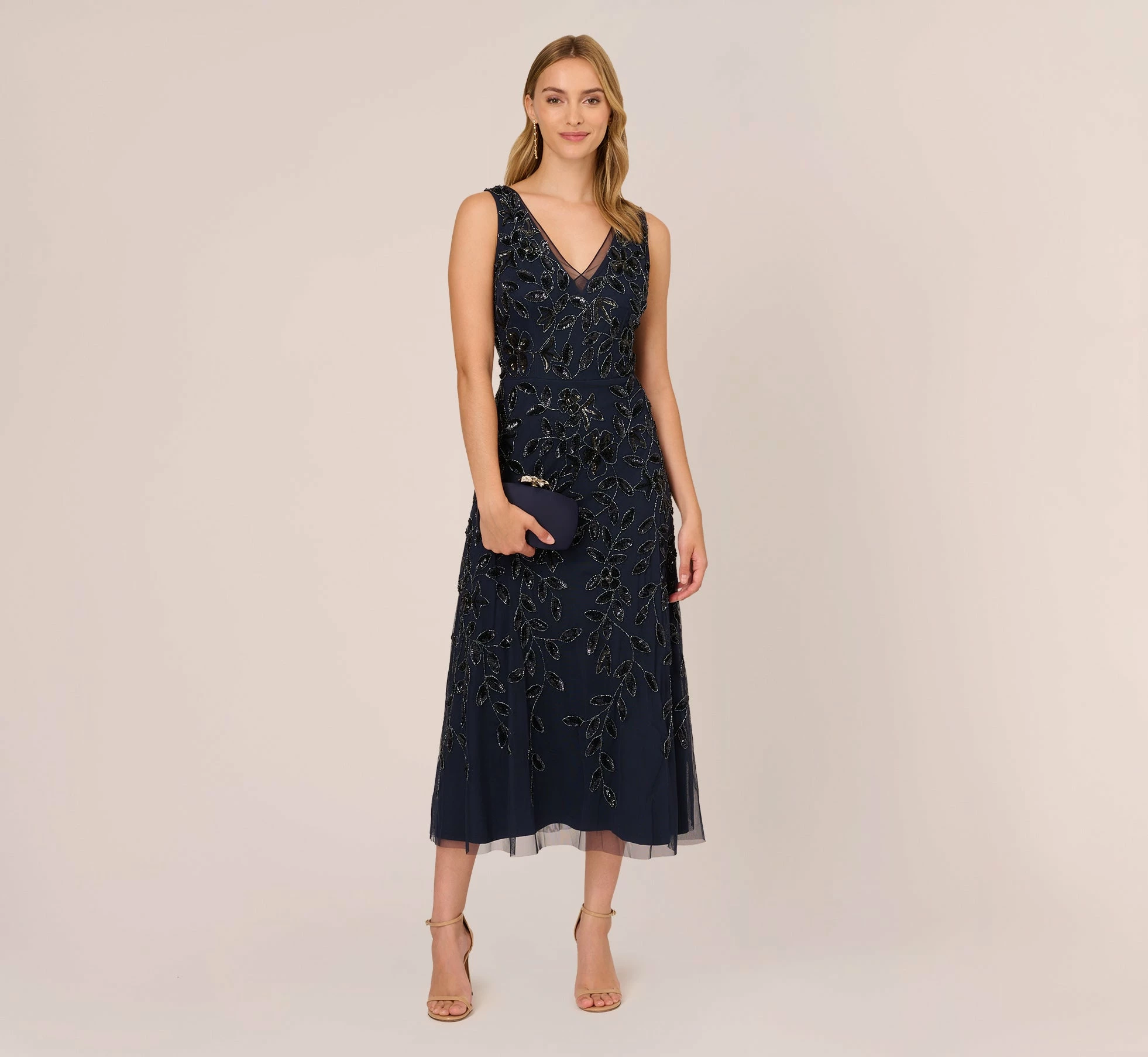 Adrianna Papell Floral Beaded Ankle Length Sleeveless Gown In Navy 2 Adrianna Papell Floral Beaded Ankle Length Sleeveless Gown In Navy - Image 2