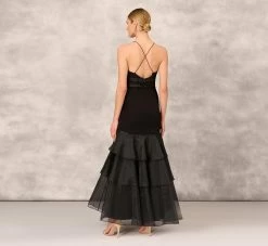 Tiered Trumpet Dress With Ruffles In Black -Adrianna Papell Shop MD1E202177 AA002 Regular Back