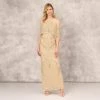 Beaded Cold Shoulder Gown With Popover Bodice In Light Gold