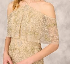 Beaded Cold Shoulder Gown With Popover Bodice In Light Gold -Adrianna Papell Shop MD1E202408 AA267 Regular Detail