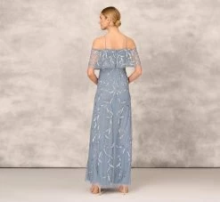 Hand Beaded Cold Shoulder Popover Long A-Line Gown In Vintage Blue -Adrianna Papell Shop MD1E205785 AC466 Regular Back