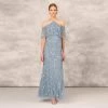 Hand Beaded Cold Shoulder Popover Long A-Line Gown In Vintage Blue