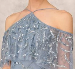Hand Beaded Cold Shoulder Popover Long A-Line Gown In Vintage Blue -Adrianna Papell Shop MD1E205785 AC466 Regular Detail