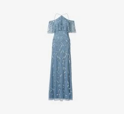 Hand Beaded Cold Shoulder Popover Long A-Line Gown In Vintage Blue -Adrianna Papell Shop MD1E205785 AC466 Regular Flat