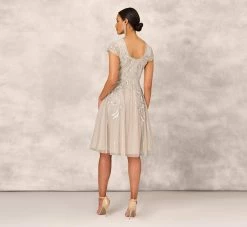Hand Beaded Illusion Midi-Length Fit-And-Flare Cocktail Dress In Silver 9 Hand Beaded Illusion Midi-Length Fit-And-Flare Cocktail Dress In Silver -Adrianna Papell Shop MD1E206654 AA040 Regular Back