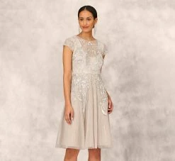 Hand Beaded Illusion Midi-Length Fit-And-Flare Cocktail Dress In Silver