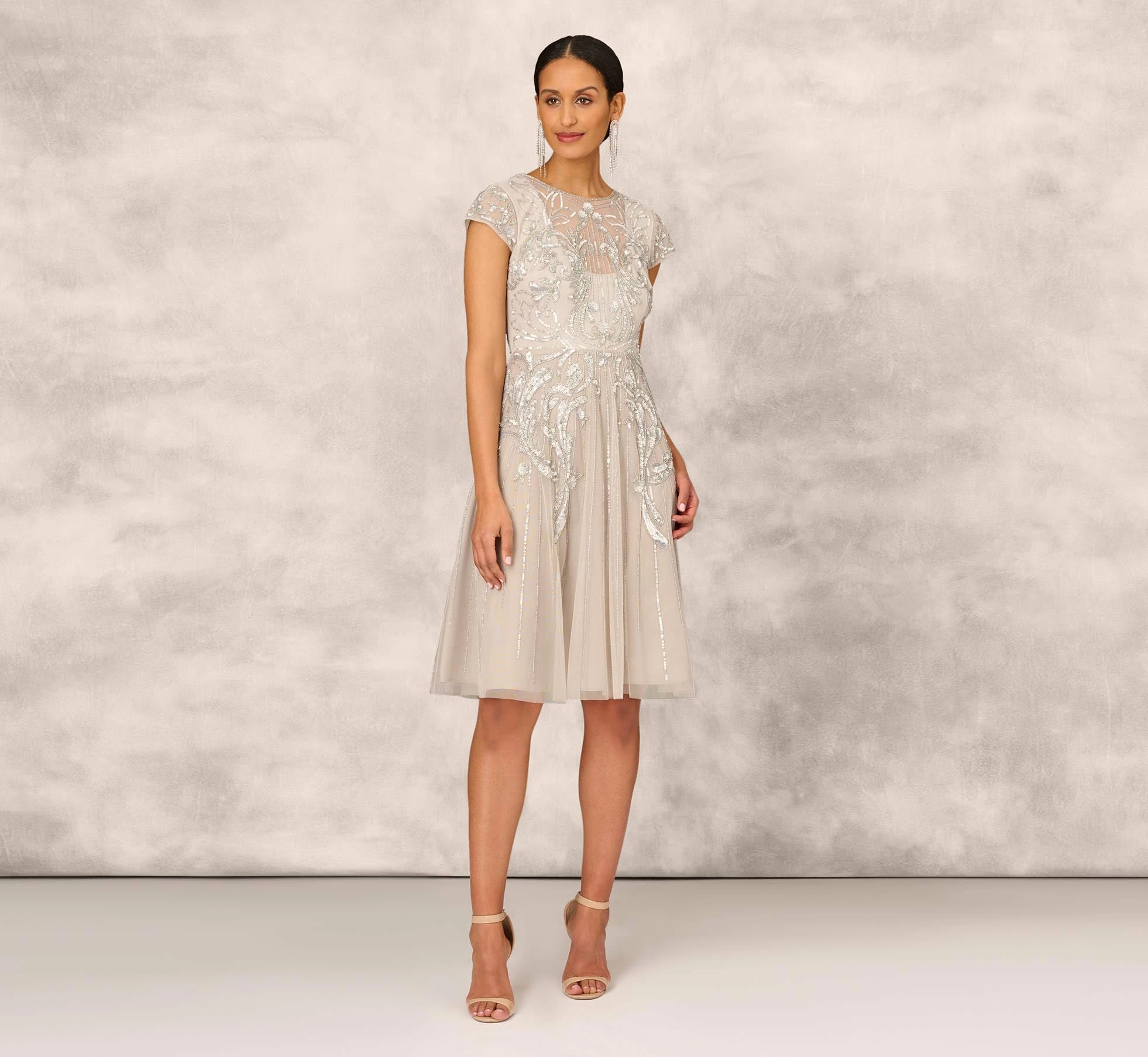 Hand Beaded Illusion Midi-Length Fit-And-Flare Cocktail Dress In Silver 7 Hand Beaded Illusion Midi-Length Fit-And-Flare Cocktail Dress In Silver - Image 7