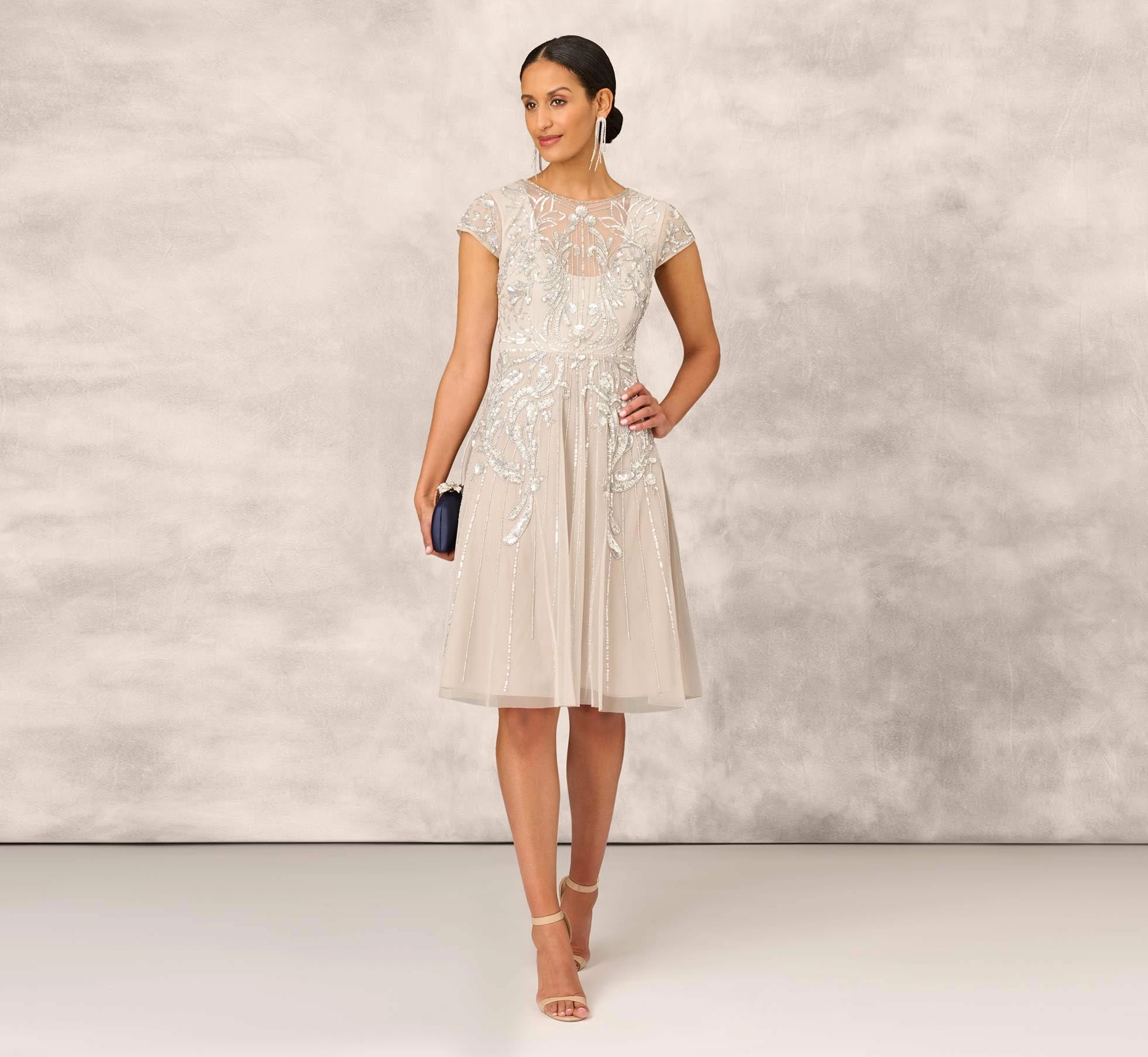 Hand Beaded Illusion Midi-Length Fit-And-Flare Cocktail Dress In Silver 2 Hand Beaded Illusion Midi-Length Fit-And-Flare Cocktail Dress In Silver - Image 2