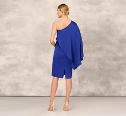 One-Shoulder Satin Draped Sheath Dress With Crepe Back And Cape In Royal Sapphire -Adrianna Papell Shop MD1E206840 AN401 Regular Back
