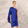 One-Shoulder Satin Draped Sheath Dress With Crepe Back And Cape In Royal Sapphire