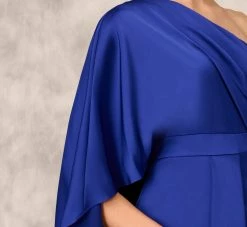 One-Shoulder Satin Draped Sheath Dress With Crepe Back And Cape In Royal Sapphire -Adrianna Papell Shop MD1E206840 AN401 Regular Detail