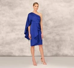 One-Shoulder Satin Draped Sheath Dress With Crepe Back And Cape In Royal Sapphire -Adrianna Papell Shop MD1E206840 AN401 Regular Front