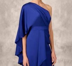 One-Shoulder Satin Draped Sheath Dress With Crepe Back And Cape In Royal Sapphire -Adrianna Papell Shop MD1E206840 AN401 Regular Lifestyle