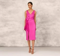 Shutter Pleat Satin Dress In Pink Flame