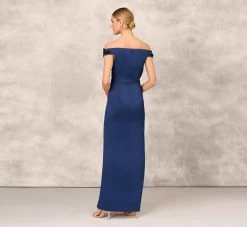 Hand Beaded Off The Shoulder Long Column Gown With Slit In Navy -Adrianna Papell Shop MD1E207083 AC412 Regular Back