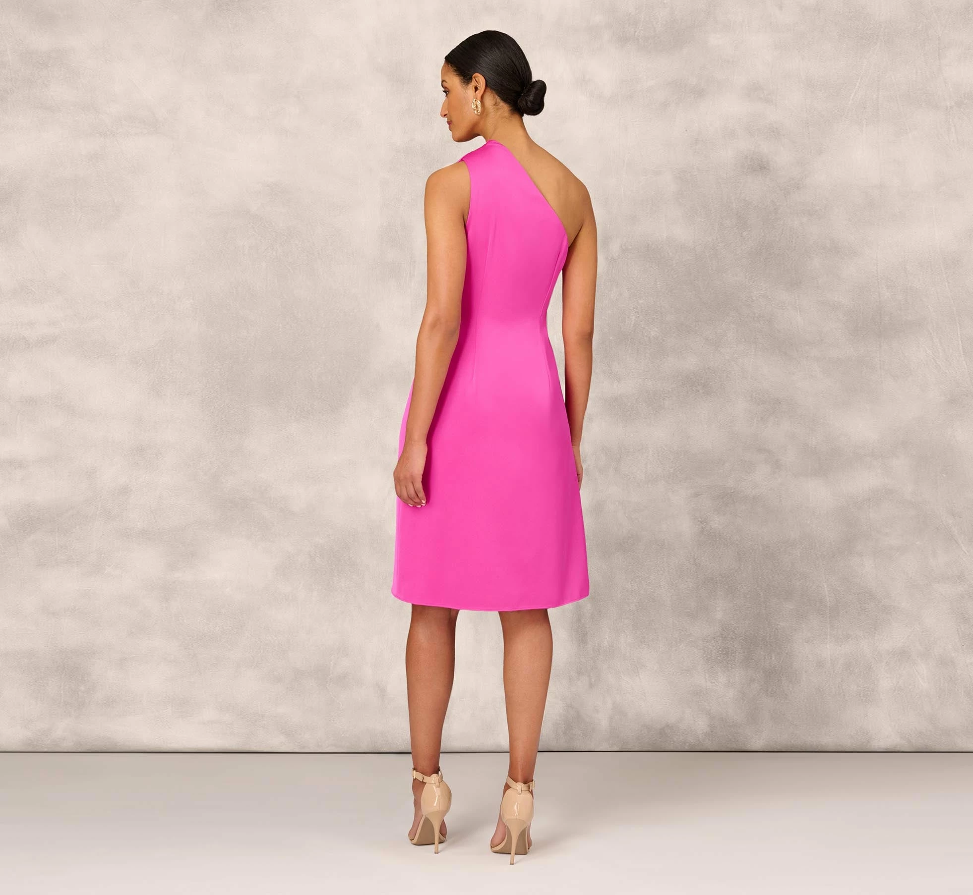 One Shoulder Midi Dress With Pleated Details In Magenta 3 One Shoulder Midi Dress With Pleated Details In Magenta - Image 3