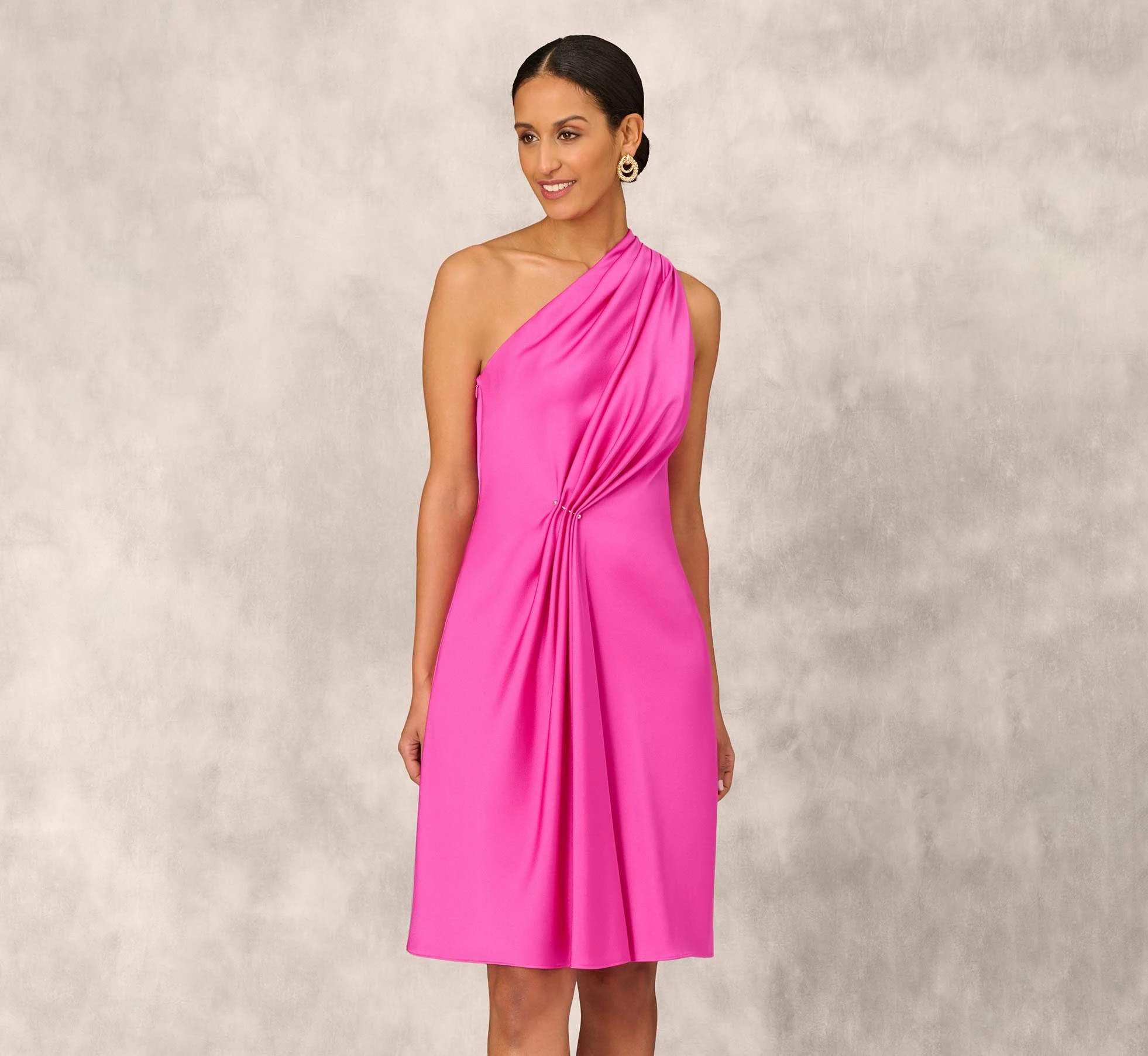 One Shoulder Midi Dress With Pleated Details In Magenta 9 One Shoulder Midi Dress With Pleated Details In Magenta - Image 9